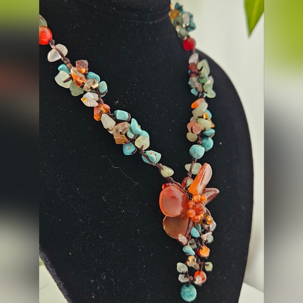 Handcrafted Multigemstone Agate Carnelian Flower Pendent Y Necklace